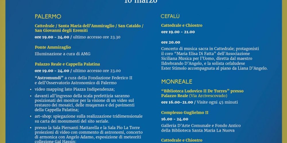 Percorso Unesco: il 10 Marzo &#8220;Notte Bianca&#8221; tra Palermo, Cefalù e Monreale